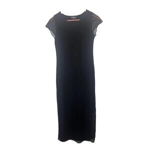 Bebe Mesh Stretch Midi Fitted Dress Women’s Sz Small Black with Slit Made In USA